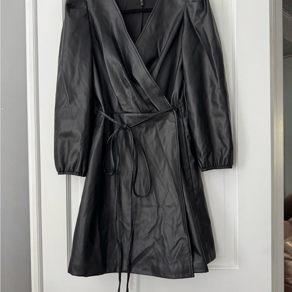 Black Faux Leather Wrap Dress